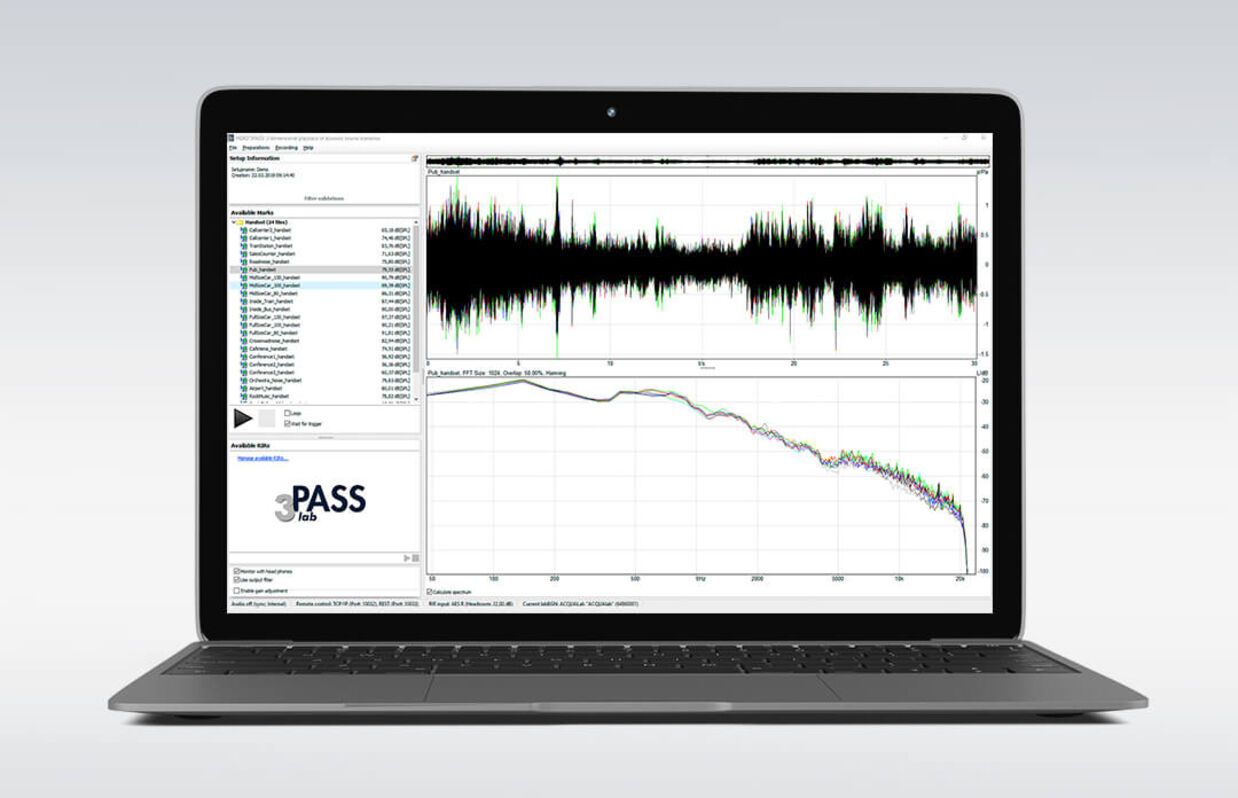 Software zur Hintergrundgeräusch-Simulation 3PASS lab auf dem Laptop